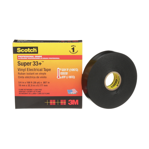 Scotch&reg; Super 33+ Vinyl Electrical Tape, 19 mm (3/4") x 33 m (108'), Black, 7 mils Kelford