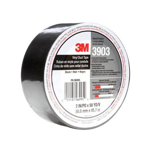 3903 Vinyl Duct Tape, 1245 mm (49") W x 46 m (151') L, 6.5 mils, Black Kelford