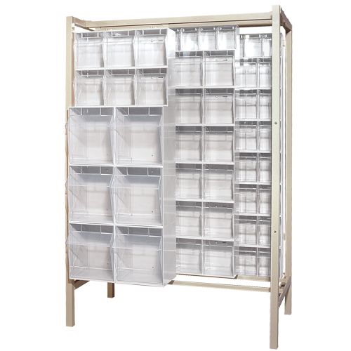 Syst&egrave;me de stockage &agrave; glissi&egrave;re &agrave; bacs basculants autonome, 51-1/4" la x 26" p x 77" h, 101 tiroirs Kelford
