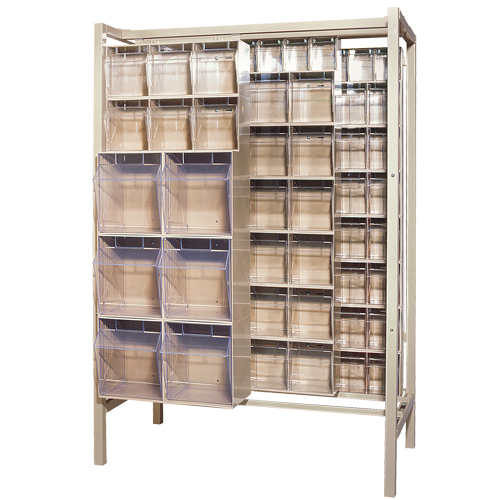 Syst&egrave;me de stockage &agrave; glissi&egrave;re &agrave; bacs basculants autonome, 51-1/4" la x 26" p x 77" h, 101 tiroirs Kelford