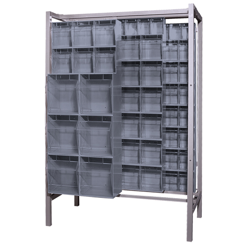 Syst&egrave;me de stockage &agrave; glissi&egrave;re &agrave; bacs basculants autonome, 51-1/4" la x 26" p x 77" h, 101 tiroirs Kelford