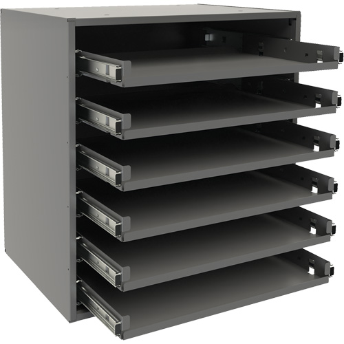 Small Bearing Slide Rack, Steel, 6 Slots, 15-9/16" W x 11-7/8" D x 16-3/8" H, Grey Kelford