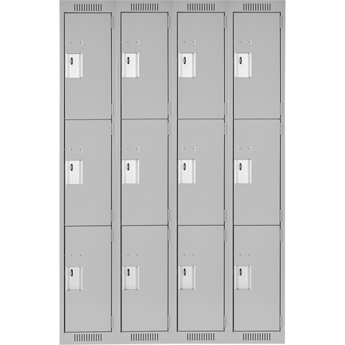 Clean Line Lockers, 3 -tier, Bank of 4, 48" x 18" x 72", Steel, Grey, Rivet (Assembled) Kelford