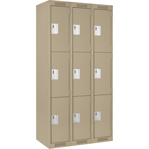 Clean Line Lockers, 3 -tier, Bank of 3, 36" x 18" x 72", Steel, Beige, Rivet (Assembled) Kelford