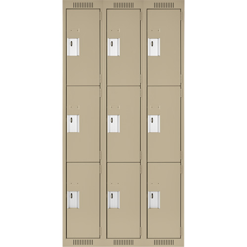 Clean Line Lockers, 3 -tier, Bank of 3, 36" x 18" x 72", Steel, Beige, Rivet (Assembled) Kelford