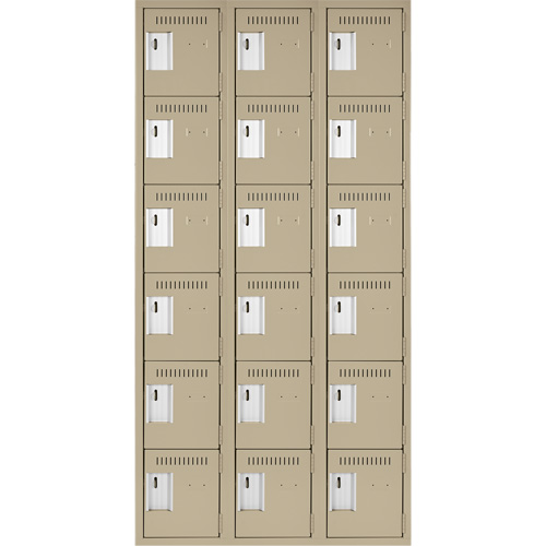 Clean Line Lockerette, 6 -tier, Bank of 3, 36" x 18" x 72", Steel, Beige, Rivet (Assembled) Kelford