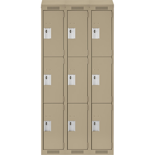 Clean Line Lockers, 3 -tier, Bank of 3, 36" x 18" x 78", Steel, Beige, Rivet (Assembled) Kelford