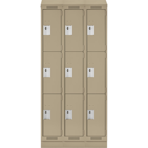Clean Line Lockers, 3 -tier, Bank of 3, 36" x 18" x 82", Steel, Beige, Rivet (Assembled) Kelford