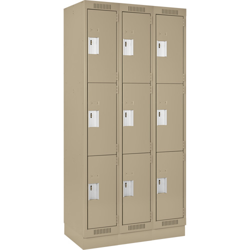 Clean Line Lockers, 3 -tier, Bank of 3, 36" x 18" x 76", Steel, Beige, Rivet (Assembled) Kelford