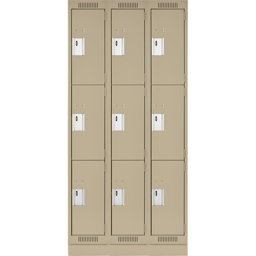 Clean Line Lockers, 3 -tier, Bank of 3, 36" x 18" x 76", Steel, Beige, Rivet (Assembled) Kelford
