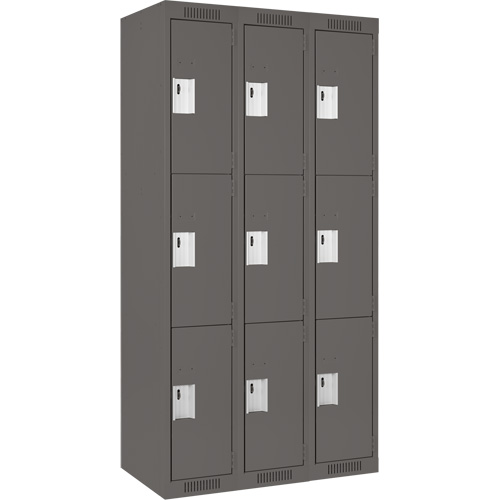 Clean Line Lockers, 3 -tier, Bank of 3, 36" x 18" x 72", Steel, Charcoal, Rivet (Assembled) Kelford