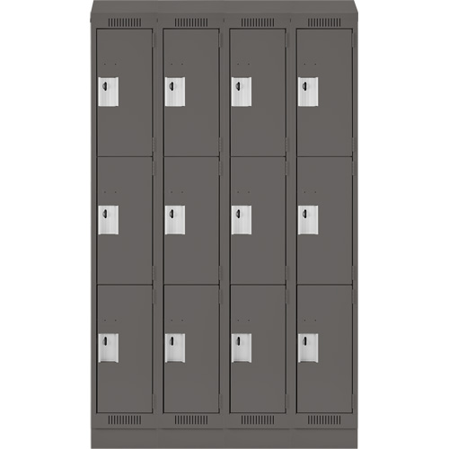 Clean Line Lockers, 3 -tier, Bank of 4, 48" x 18" x 82", Steel, Charcoal, Rivet (Assembled) Kelford