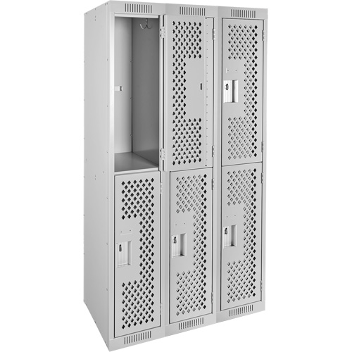 Clean Line Lockers, 2 -tier, Bank of 3, 36" x 15" x 72", Steel, Grey, Rivet (Assembled), Perforated Kelford