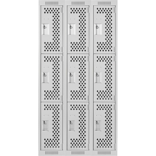Clean Line Lockers, 3 -tier, Bank of 3, 36" x 12" x 72", Steel, Grey, Rivet (Assembled), Perforated Kelford