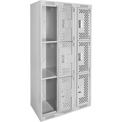 Clean Line Lockers, 3 -tier, Bank of 3, 36" x 12" x 72", Steel, Grey, Rivet (Assembled), Perforated Kelford
