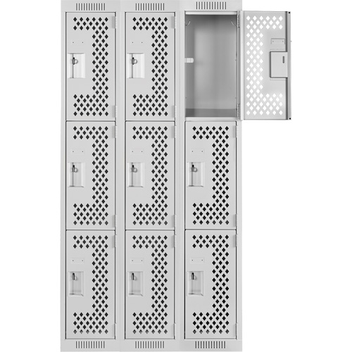 Clean Line Lockers, 3 -tier, Bank of 3, 36" x 12" x 72", Steel, Grey, Rivet (Assembled), Perforated Kelford