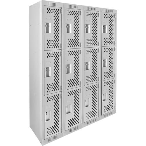 Clean Line Lockers, 3 -tier, Bank of 4, 48" x 12" x 72", Steel, Grey, Rivet (Assembled), Perforated Kelford