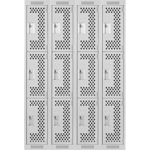 Clean Line Lockers, 3 -tier, Bank of 4, 48" x 12" x 72", Steel, Grey, Rivet (Assembled), Perforated Kelford