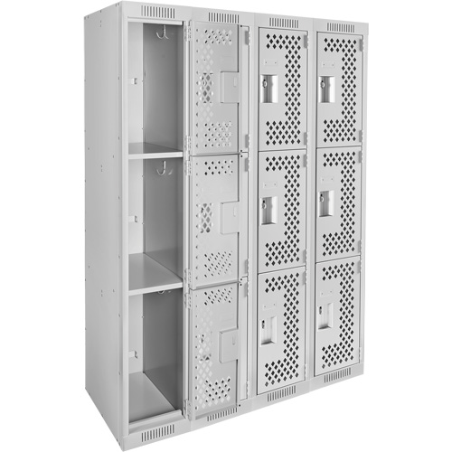 Clean Line Lockers, 3 -tier, Bank of 4, 48" x 12" x 72", Steel, Grey, Rivet (Assembled), Perforated Kelford