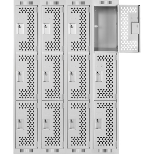 Clean Line Lockers, 3 -tier, Bank of 4, 48" x 12" x 72", Steel, Grey, Rivet (Assembled), Perforated Kelford
