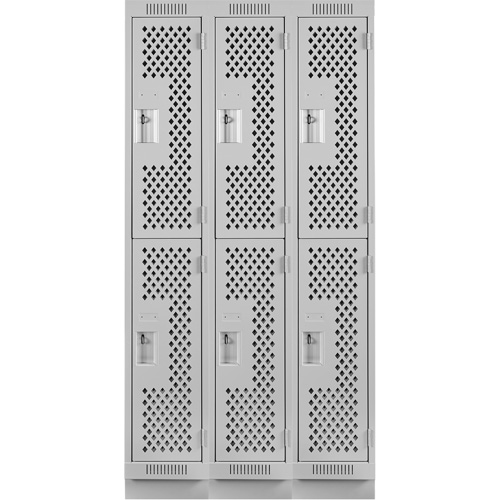 Clean Line Lockers, 2 -tier, Bank of 3, 36" x 15" x 76", Steel, Grey, Rivet (Assembled), Perforated Kelford