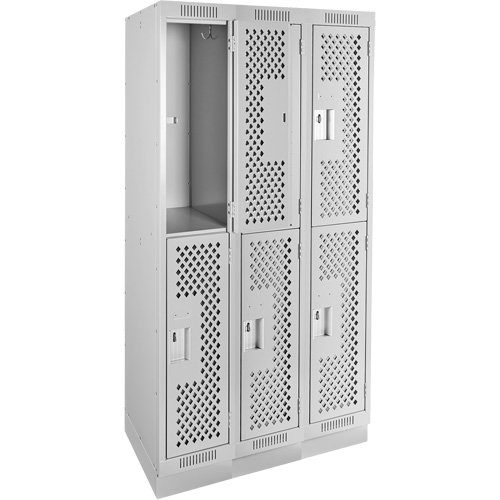 Clean Line Lockers, 2 -tier, Bank of 3, 36" x 15" x 76", Steel, Grey, Rivet (Assembled), Perforated Kelford