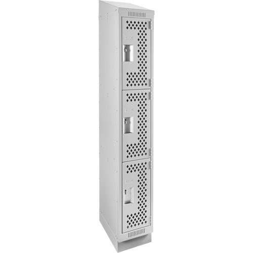 Clean Line Lockers, 3 -tier, 12" x 15" x 82", Steel, Grey, Rivet (Assembled), Perforated Kelford