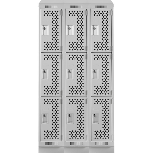 Clean Line Lockers, 3 -tier, Bank of 3, 36" x 15" x 82", Steel, Grey, Rivet (Assembled), Perforated Kelford