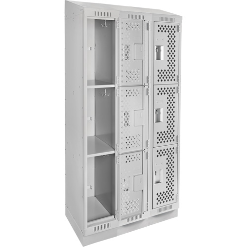 Clean Line Lockers, 3 -tier, Bank of 3, 36" x 15" x 82", Steel, Grey, Rivet (Assembled), Perforated Kelford