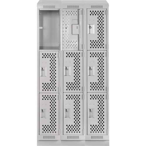 Clean Line Lockers, 3 -tier, Bank of 3, 36" x 15" x 82", Steel, Grey, Rivet (Assembled), Perforated Kelford