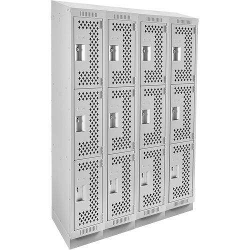 Clean Line Lockers, 3 -tier, Bank of 4, 48" x 15" x 82", Steel, Grey, Rivet (Assembled), Perforated Kelford
