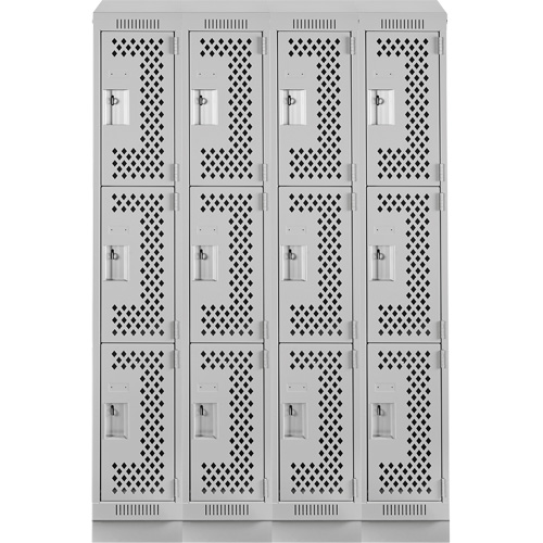 Clean Line Lockers, 3 -tier, Bank of 4, 48" x 15" x 82", Steel, Grey, Rivet (Assembled), Perforated Kelford