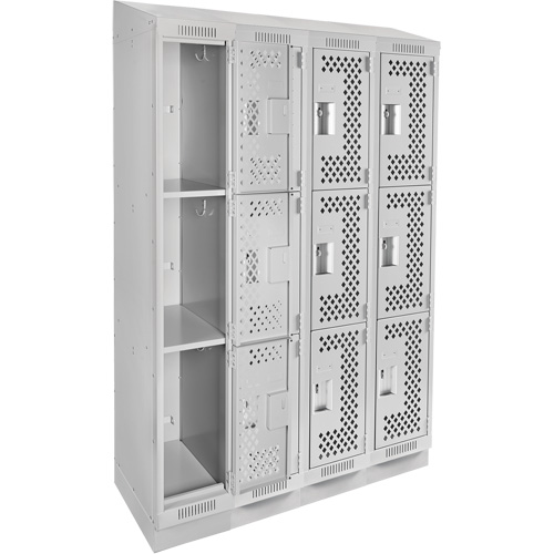 Clean Line Lockers, 3 -tier, Bank of 4, 48" x 15" x 82", Steel, Grey, Rivet (Assembled), Perforated Kelford