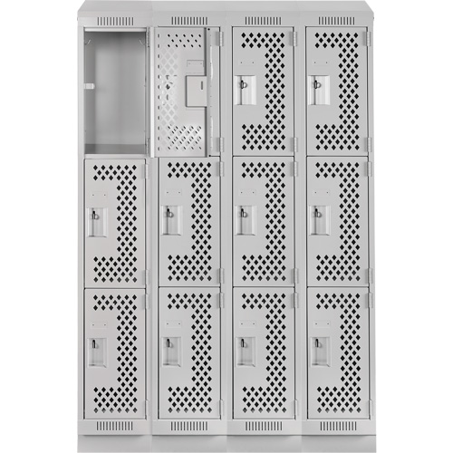 Clean Line Lockers, 3 -tier, Bank of 4, 48" x 15" x 82", Steel, Grey, Rivet (Assembled), Perforated Kelford