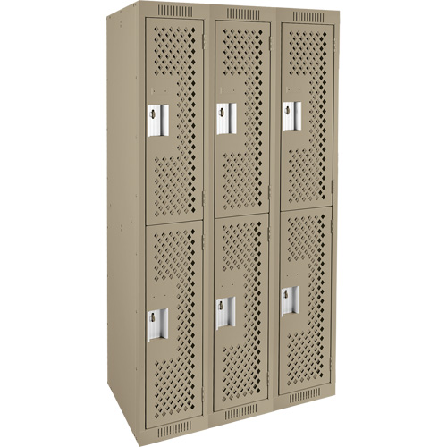 Clean Line Lockers, 2 -tier, Bank of 3, 36" x 15" x 72", Steel, Beige, Rivet (Assembled), Perforated Kelford