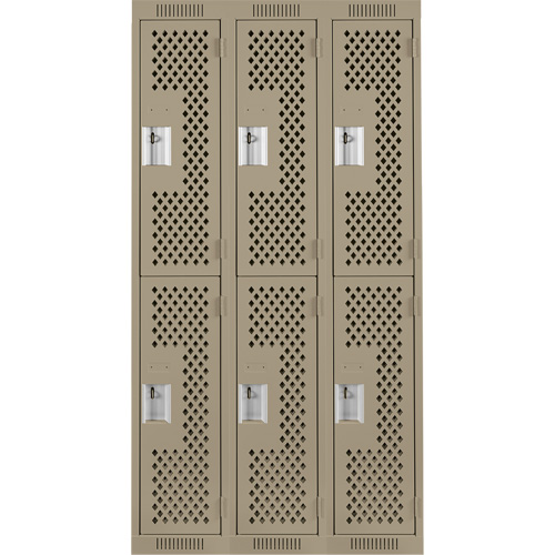 Clean Line Lockers, 2 -tier, Bank of 3, 36" x 15" x 72", Steel, Beige, Rivet (Assembled), Perforated Kelford