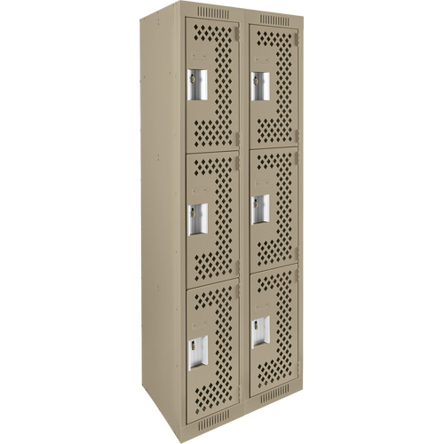 Clean Line Lockers, 3 -tier, Bank of 2, 24" x 12" x 72", Steel, Beige, Rivet (Assembled), Perforated Kelford