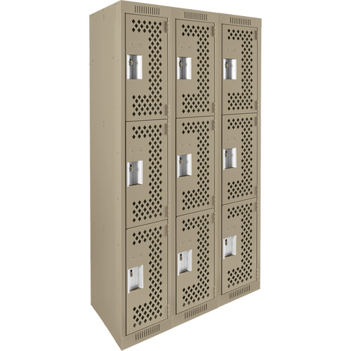 Clean Line Lockers, 3 -tier, Bank of 3, 36" x 12" x 72", Steel, Beige, Rivet (Assembled), Perforated Kelford