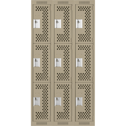Clean Line Lockers, 3 -tier, Bank of 3, 36" x 12" x 72", Steel, Beige, Rivet (Assembled), Perforated Kelford