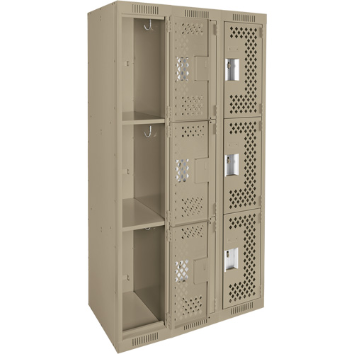 Clean Line Lockers, 3 -tier, Bank of 3, 36" x 12" x 72", Steel, Beige, Rivet (Assembled), Perforated Kelford
