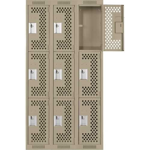Clean Line Lockers, 3 -tier, Bank of 3, 36" x 12" x 72", Steel, Beige, Rivet (Assembled), Perforated Kelford