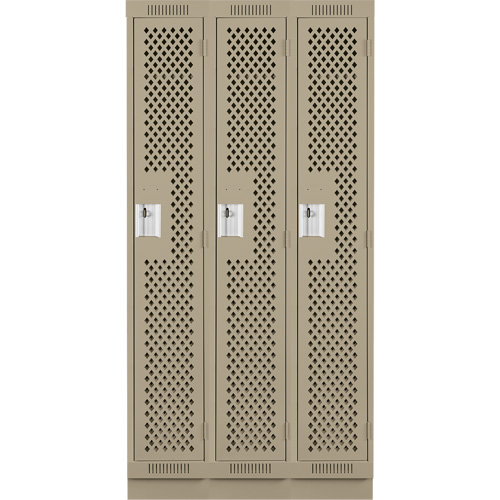 Clean Line Lockers, Bank of 3, 36" x 15" x 76", Steel, Beige, Rivet (Assembled), Perforated Kelford