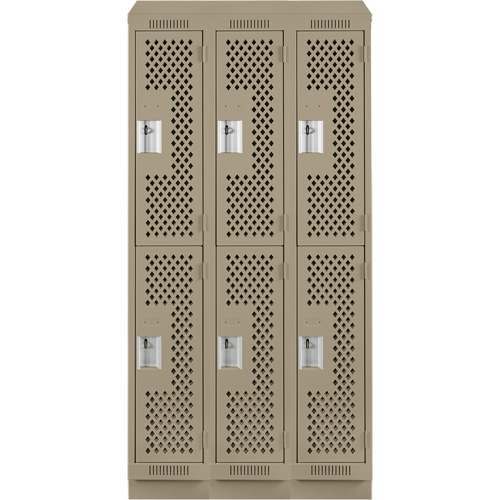 Clean Line Lockers, 2 -tier, Bank of 3, 36" x 15" x 82", Steel, Beige, Rivet (Assembled), Perforated Kelford