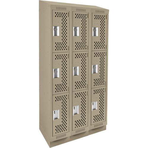 Clean Line Lockers, 3 -tier, Bank of 3, 36" x 15" x 82", Steel, Beige, Rivet (Assembled), Perforated Kelford