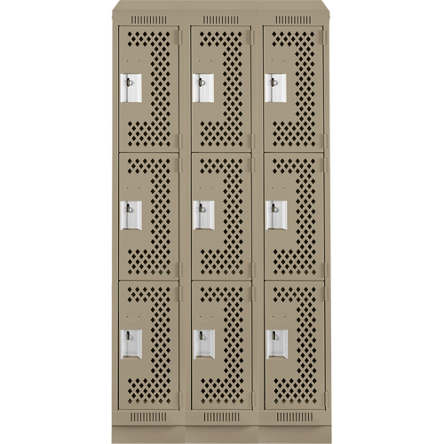Clean Line Lockers, 3 -tier, Bank of 3, 36" x 15" x 82", Steel, Beige, Rivet (Assembled), Perforated Kelford