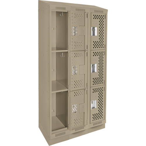 Clean Line Lockers, 3 -tier, Bank of 3, 36" x 15" x 82", Steel, Beige, Rivet (Assembled), Perforated Kelford