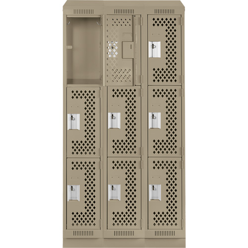 Clean Line Lockers, 3 -tier, Bank of 3, 36" x 15" x 82", Steel, Beige, Rivet (Assembled), Perforated Kelford