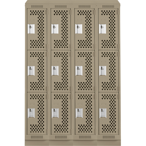 Clean Line Lockers, 3 -tier, Bank of 4, 48" x 15" x 82", Steel, Beige, Rivet (Assembled), Perforated Kelford