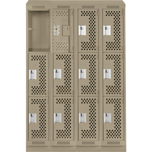 Clean Line Lockers, 3 -tier, Bank of 4, 48" x 15" x 82", Steel, Beige, Rivet (Assembled), Perforated Kelford