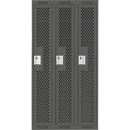 Clean Line Lockers, Bank of 3, 36" x 12" x 72", Steel, Charcoal, Rivet (Assembled), Perforated Kelford